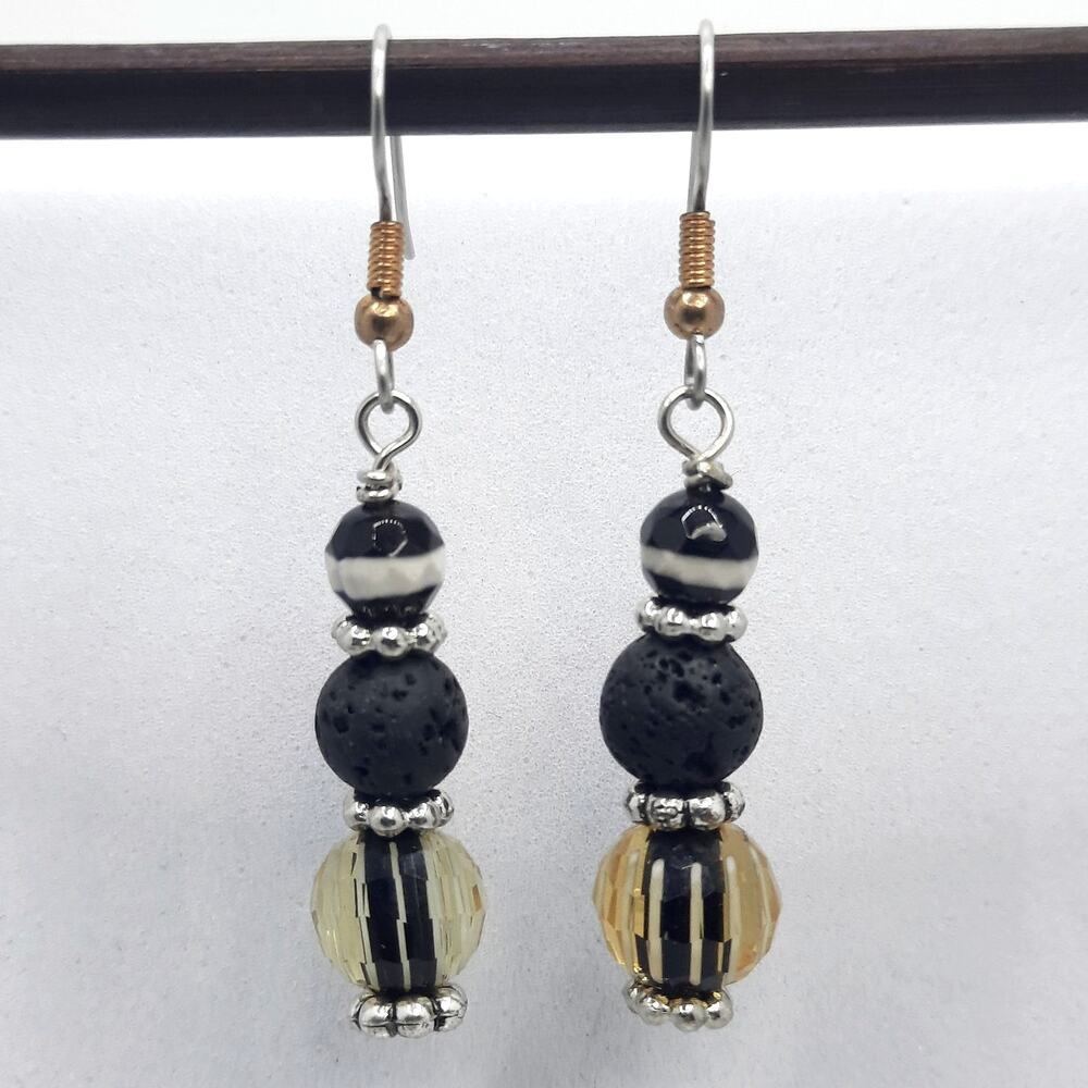 Triple Glass Beaded Earrings Artisan Made Black Lava Stone Dangle Diffuser New